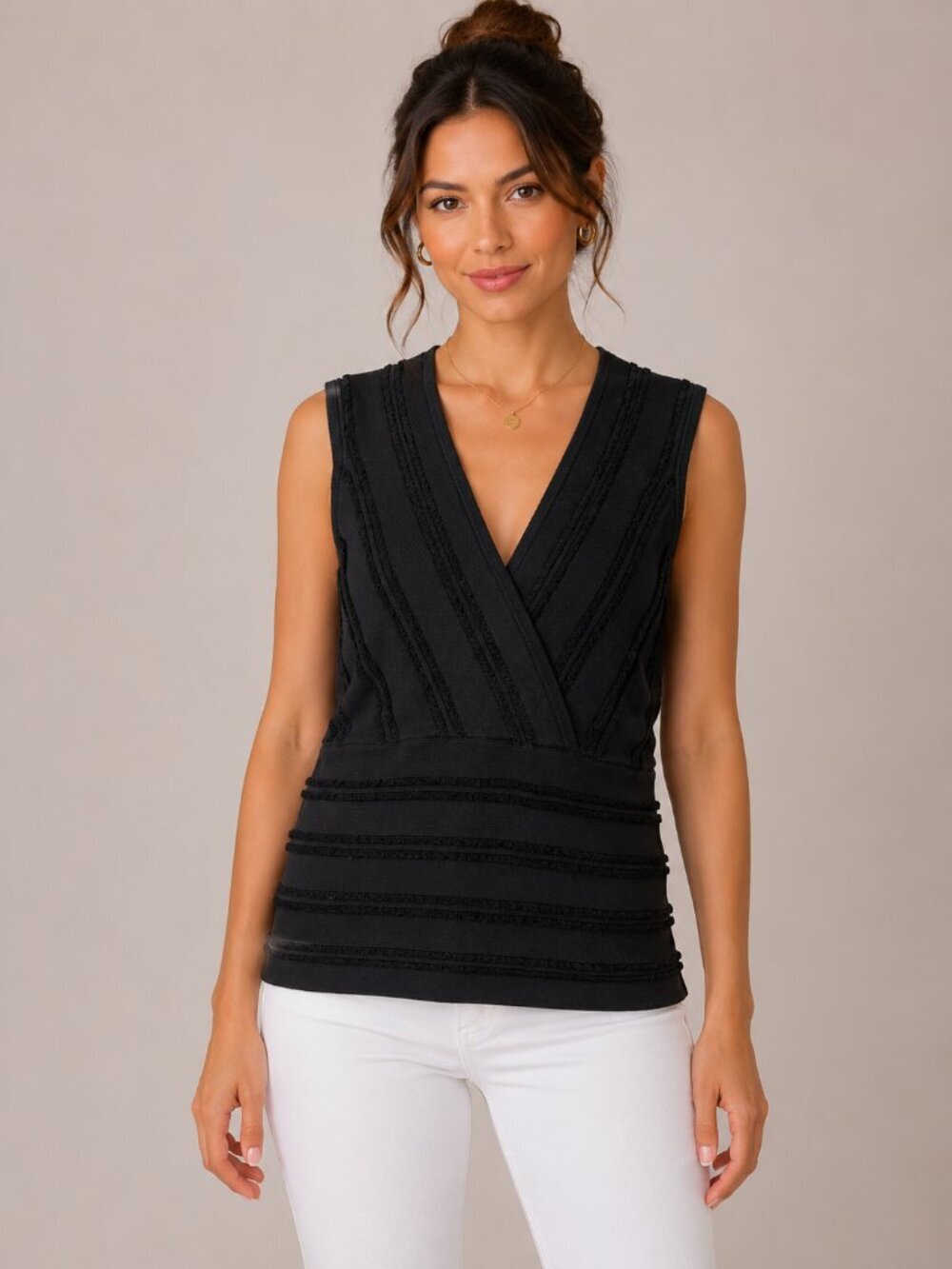 Max Studio Silk Black Textured Sleeveless Knit Top Wrap V Neck Blouse M